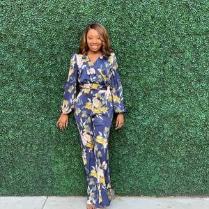 2pc Navy Blue and Green Floral Set.